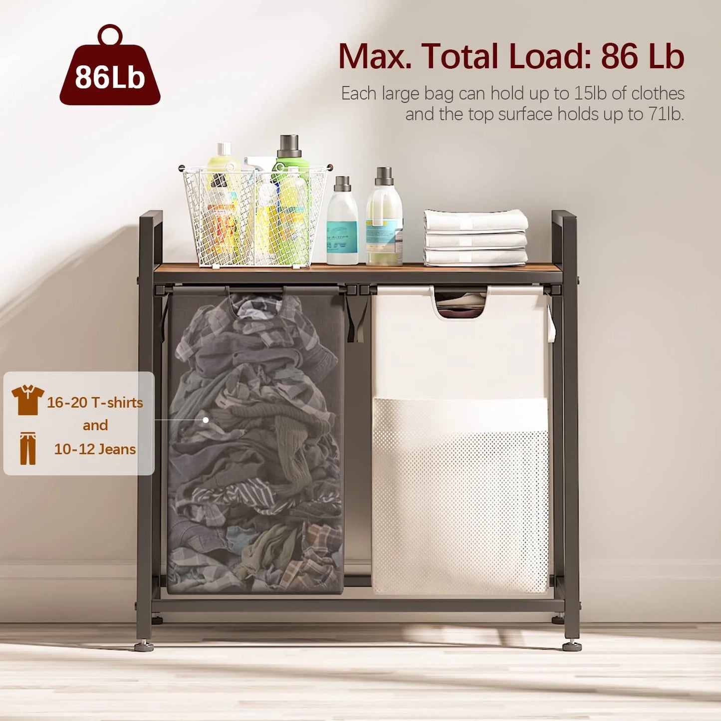 112L Large Double Laundry Hamper Basket with Shelf, 2 Removable Bags, Side Pockets & Laundry Sorter Organizer for Bedroom, Dorm & Bathroom
