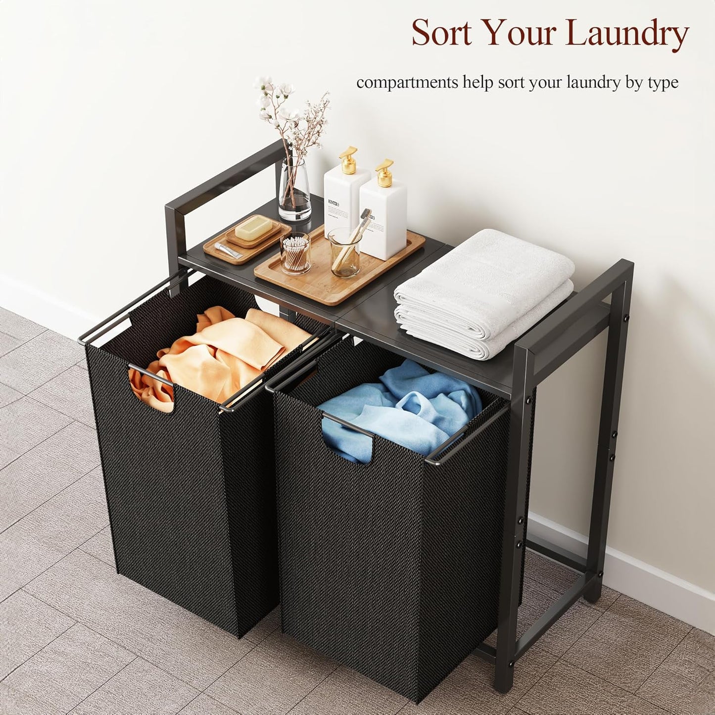 Laundry Hamper with Shelf & 2 Removable Bags – 89L Dual Compartment Clothes Basket Organizer for Laundry Room, Bathroom, Dorm – Water-Resistant, Pull-Out Design, Sturdy Metal Frame