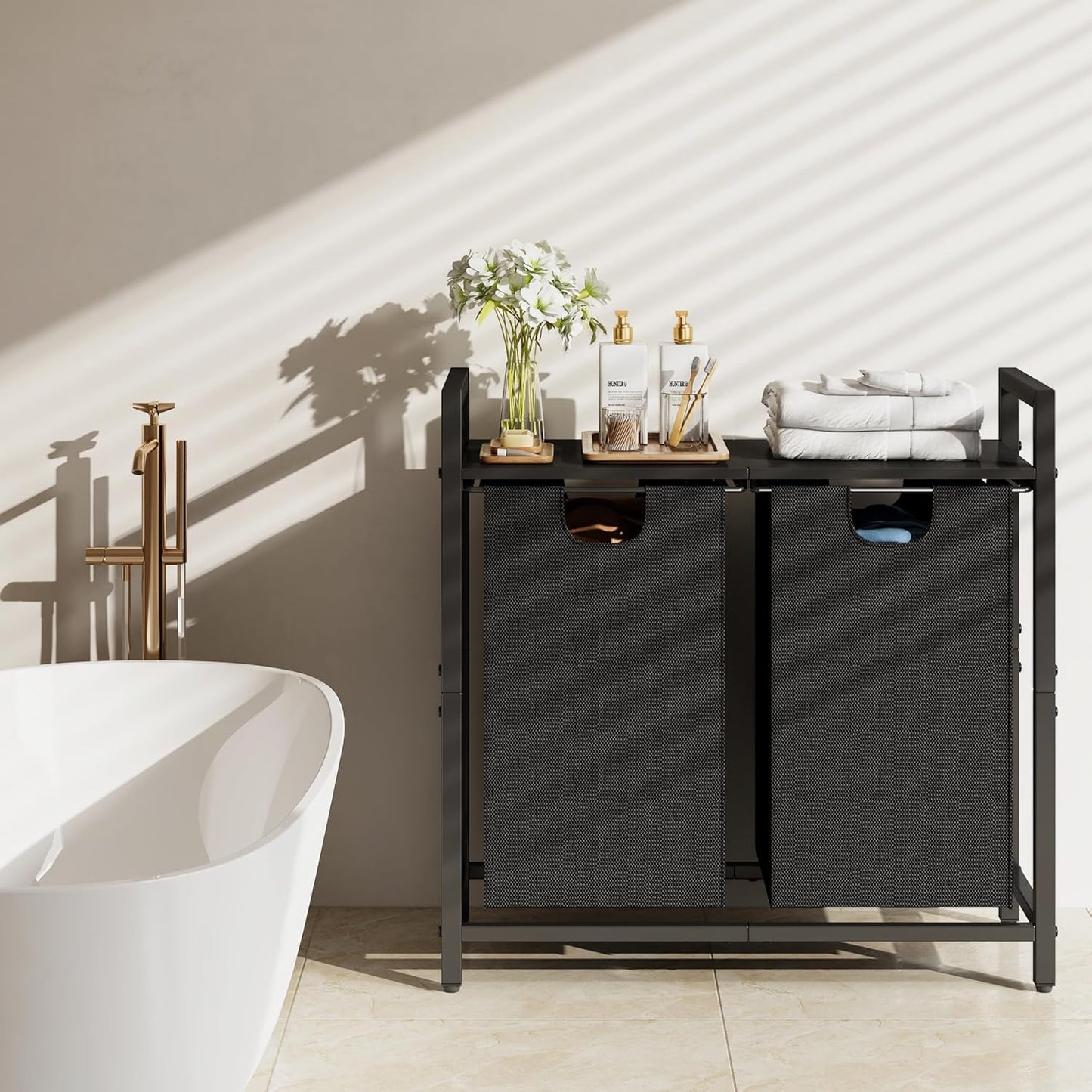 Laundry Hamper with Shelf & 2 Removable Bags – 89L Dual Compartment Clothes Basket Organizer for Laundry Room, Bathroom, Dorm – Water-Resistant, Pull-Out Design, Sturdy Metal Frame