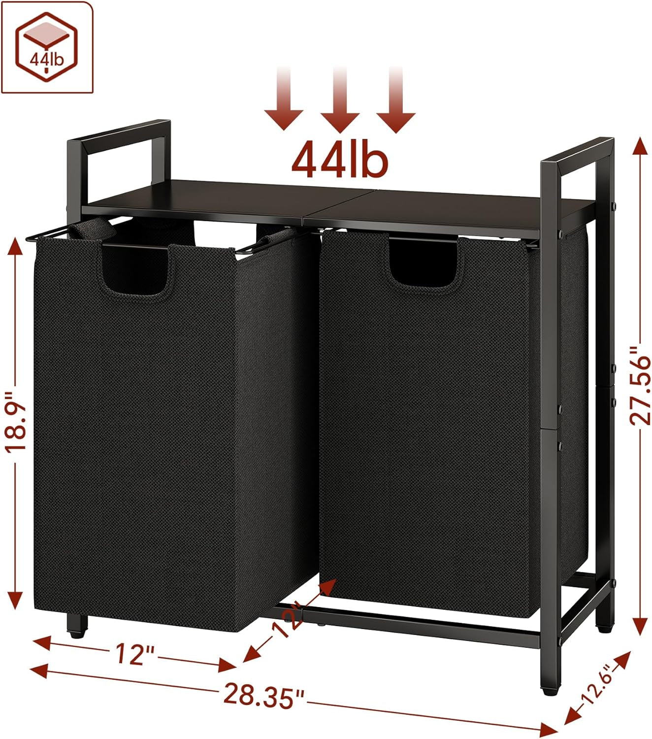 Laundry Hamper with Shelf & 2 Removable Bags – 89L Dual Compartment Clothes Basket Organizer for Laundry Room, Bathroom, Dorm – Water-Resistant, Pull-Out Design, Sturdy Metal Frame