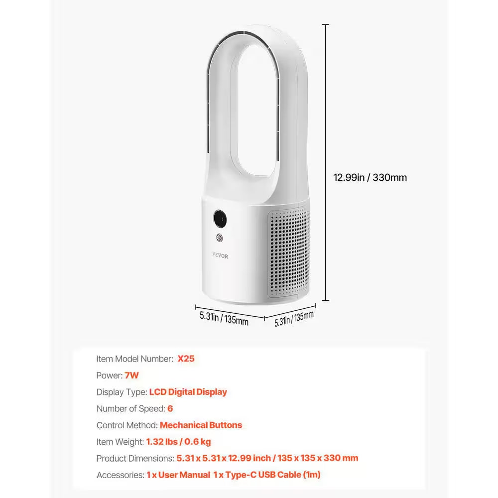 Bladeless Desk Fan – 13" Quiet Tower Fan with 6 Speeds, USB Portable Cooling Fan for Office, Bedroom & Small Spaces – Safe for Kids & Pets – White