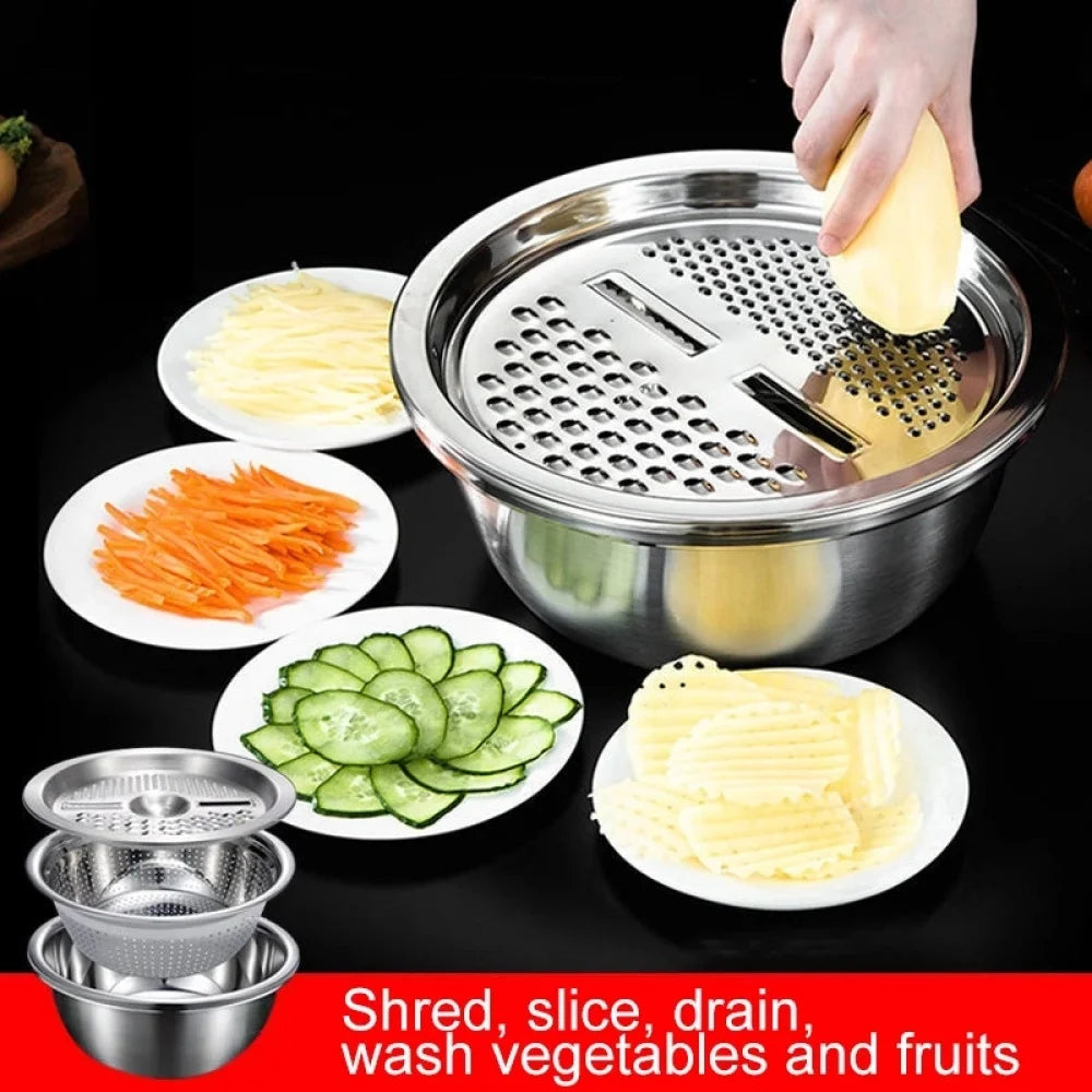 3 in 1 Stainless Steel Vegetable Strainer Slicer Cutter Graters Drain Basket Vegetable Salad Maker Bowl Kitchen Accessories Tool