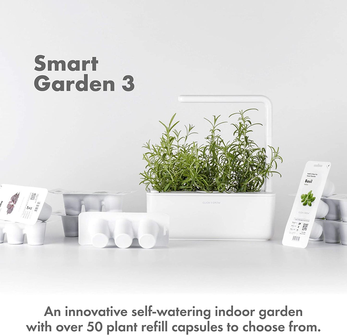 Click & Grow Smart Garden 3 – Indoor Herb Garden Kit with 3 Basil Pods – Automatic Watering, LED Grow Light, No-Noise, Perfect for Kitchen Counter or Office – Beige