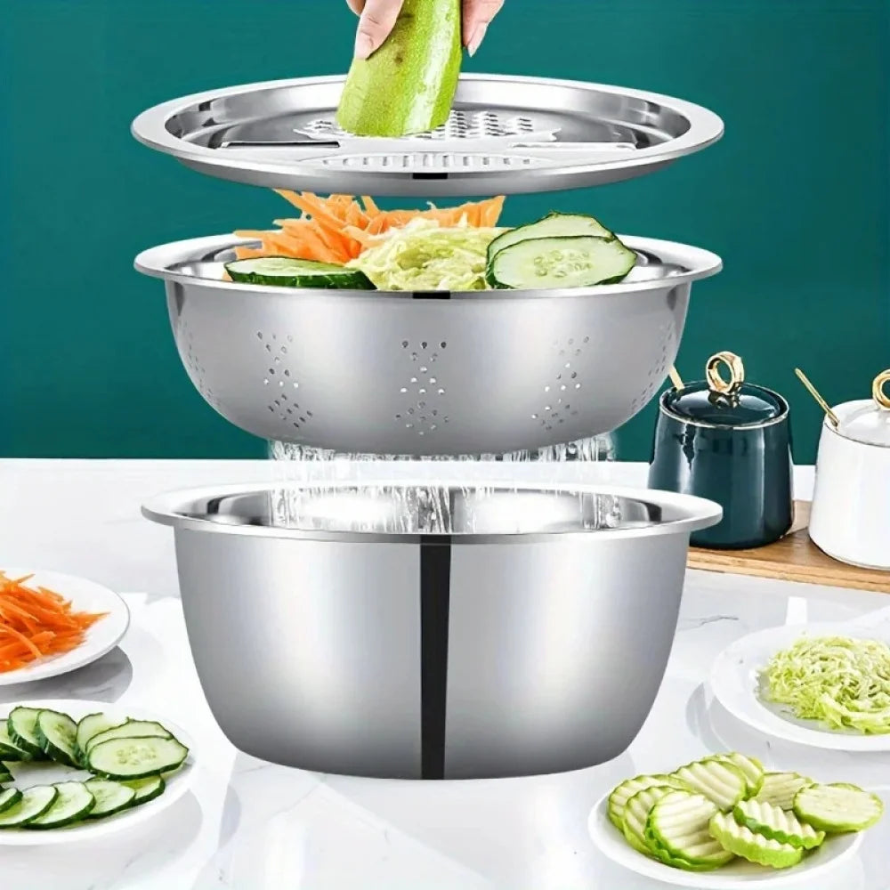 3 in 1 Stainless Steel Vegetable Strainer Slicer Cutter Graters Drain Basket Vegetable Salad Maker Bowl Kitchen Accessories Tool