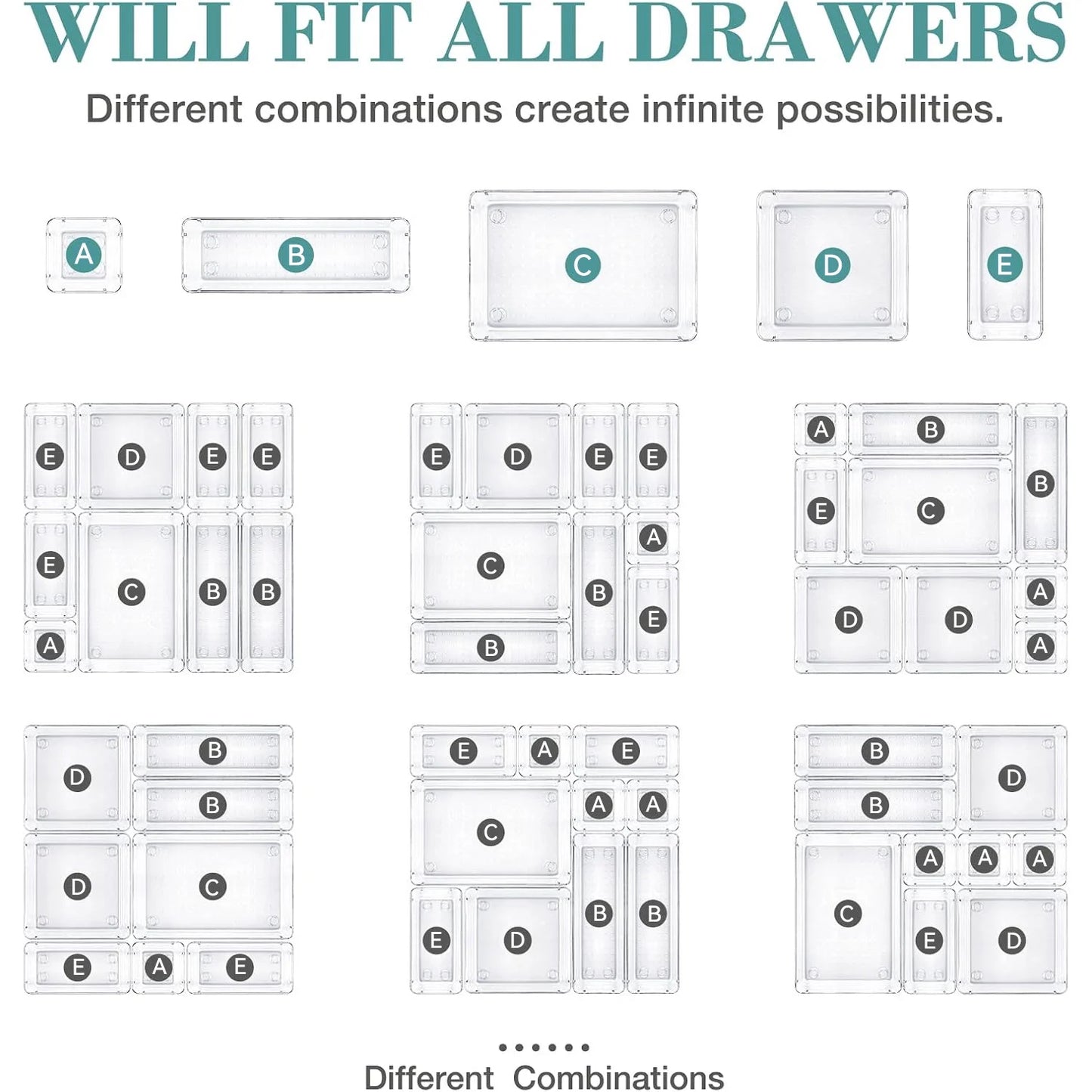 25 Pcs Clear Plastic Drawer Organizer Set, 4 Sizes Desk Drawer Divider Organizers and Storage Bins for Makeup, Jewelry, Gadgets for Kitchen, Bedroom, Bathroom, Office