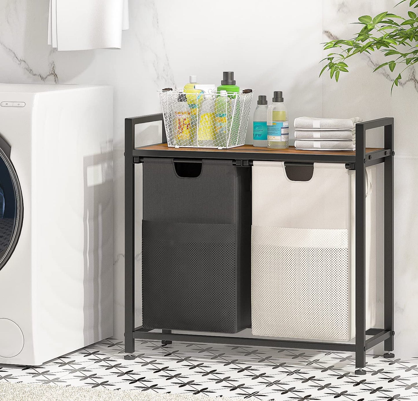 112L Large Double Laundry Hamper Basket with Shelf, 2 Removable Bags, Side Pockets & Laundry Sorter Organizer for Bedroom, Dorm & Bathroom