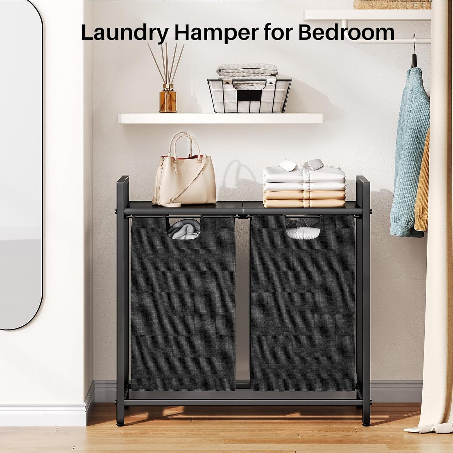 Laundry Hamper with Shelf & 2 Removable Bags – 89L Dual Compartment Clothes Basket Organizer for Laundry Room, Bathroom, Dorm – Water-Resistant, Pull-Out Design, Sturdy Metal Frame