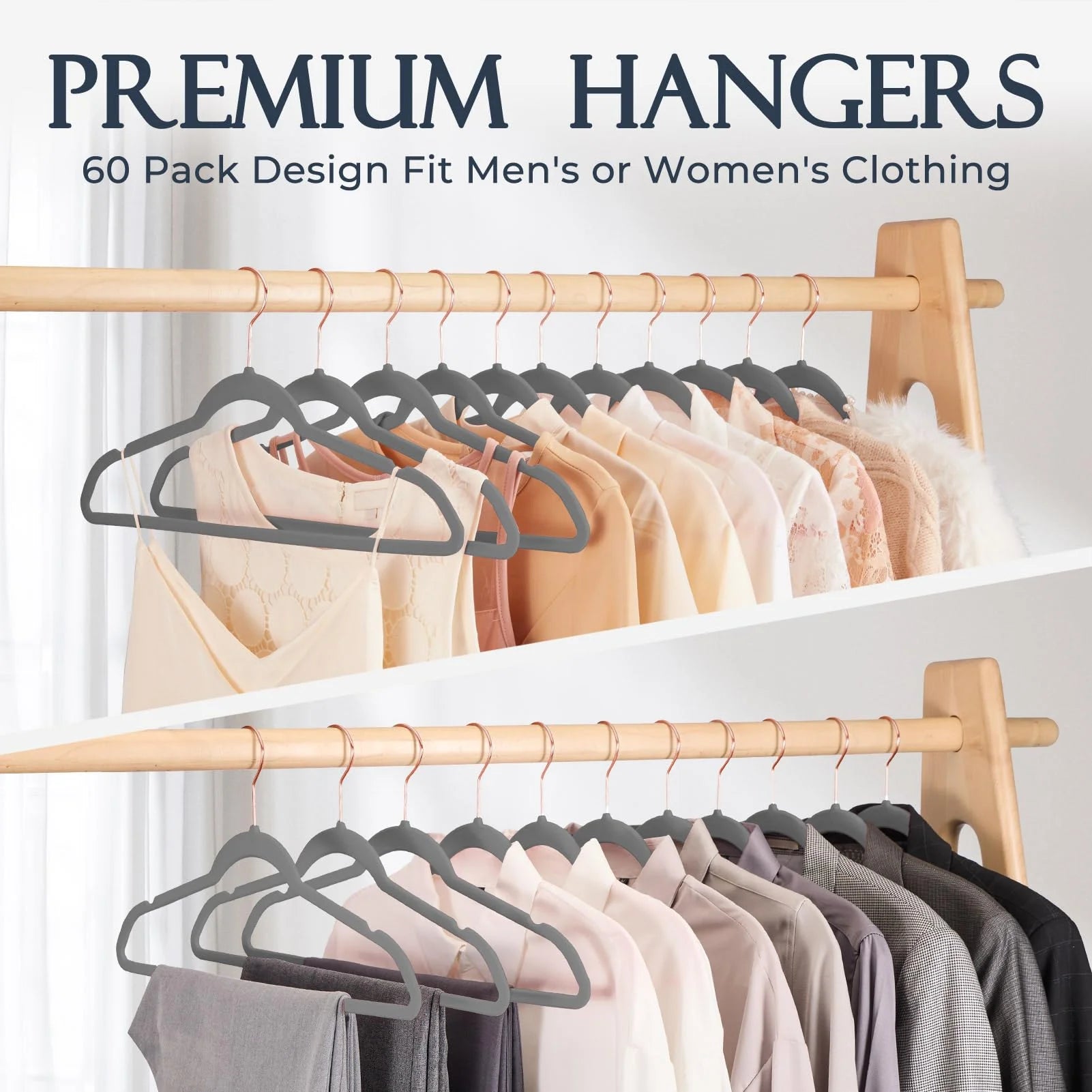 Grey Velvet Hangers 60 Pack, Premium Clothes Hangers Non-Slip Felt Hangers, Sturdy Grey Hangers Heavy Duty Coat Hangers, Space Saving Durable Suit Hangers, No Hanger Marks Rose Gold Hook