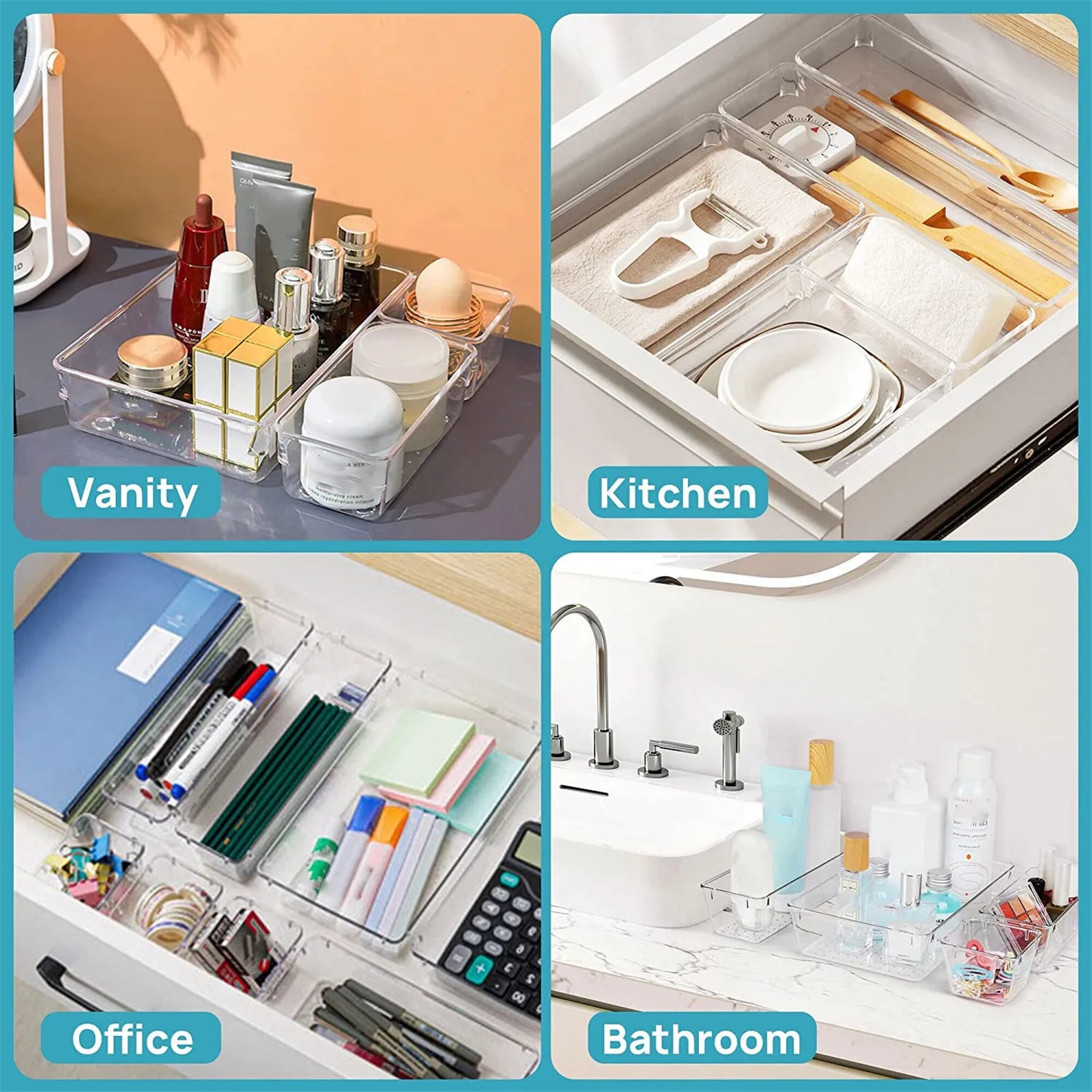 4-28 Pcs Drawer Organizers Set Clear Plastic Desk Dividers Bins Bedroom Dresser Office Storage Box for Makeup Jewelries Gadgets
