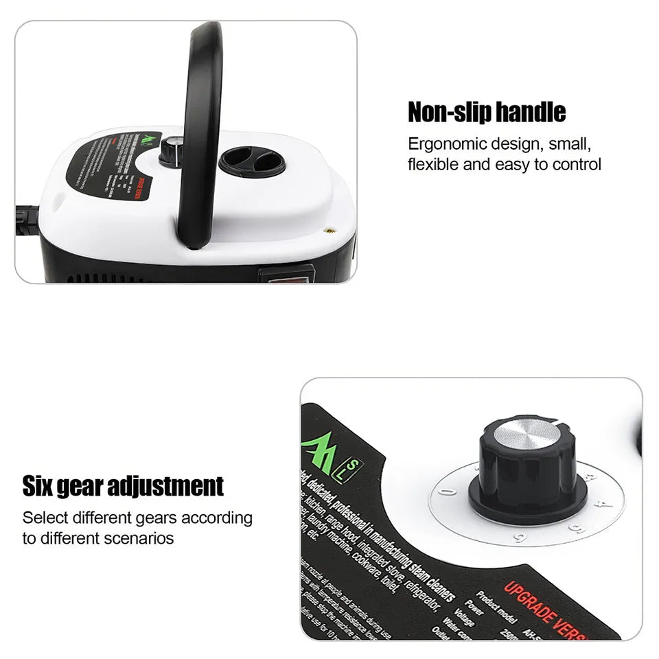 2500W Handheld Steam Cleaner – High Temp 229°F, 6-Speed, 3 Brush Heads, 1L Tank | Deep Cleaning for Kitchen, Car & Home | Portable & Chemical-Free