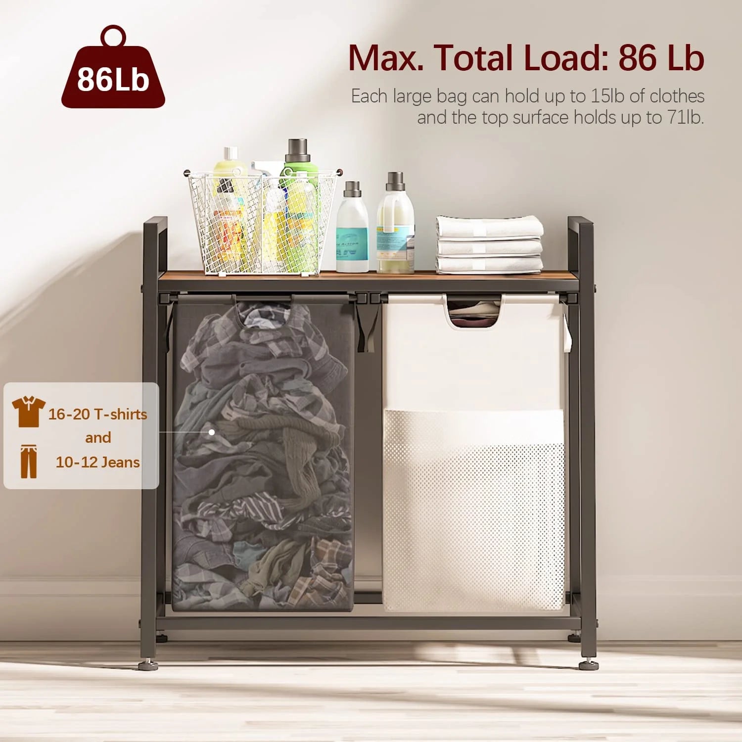 112L Large Double Laundry Hamper Basket with Shelf, 2 Removable Bags, Side Pockets & Laundry Sorter Organizer for Bedroom, Dorm & Bathroom