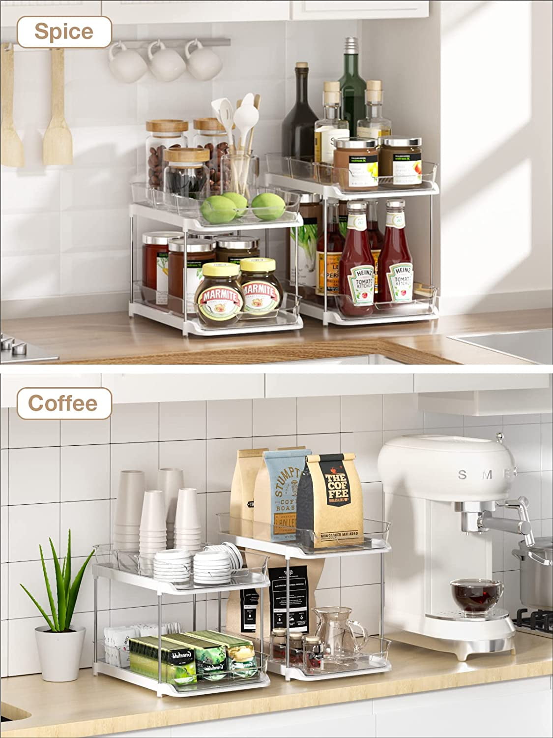 2 Pack Set under Sink Organizers and Storage, 2 Tier Sliding Bathroom Sink Organizer, Multi-Use under Kitchen Cabinet Storage Shelf (S&L), Transparent