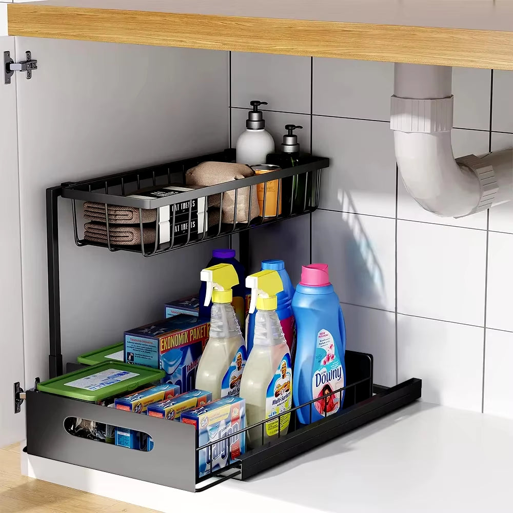2-Tier Slide-Out Under Sink Organizer Rack – Space-Saving L-Shape Shelf for Kitchen & Bathroom Cabinets