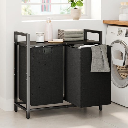 Laundry Hamper with Shelf & 2 Removable Bags – 89L Dual Compartment Clothes Basket Organizer for Laundry Room, Bathroom, Dorm – Water-Resistant, Pull-Out Design, Sturdy Metal Frame