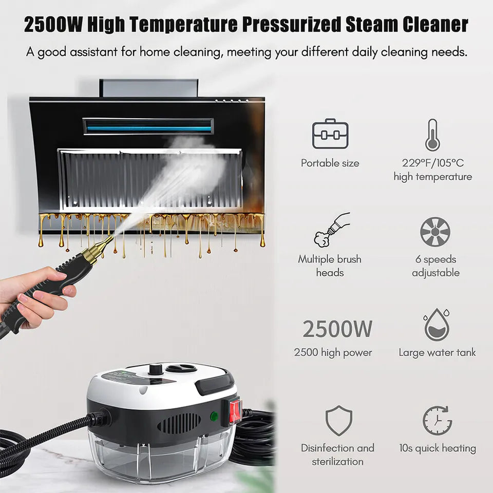 2500W Handheld Steam Cleaner – High Temp 229°F, 6-Speed, 3 Brush Heads, 1L Tank | Deep Cleaning for Kitchen, Car & Home | Portable & Chemical-Free