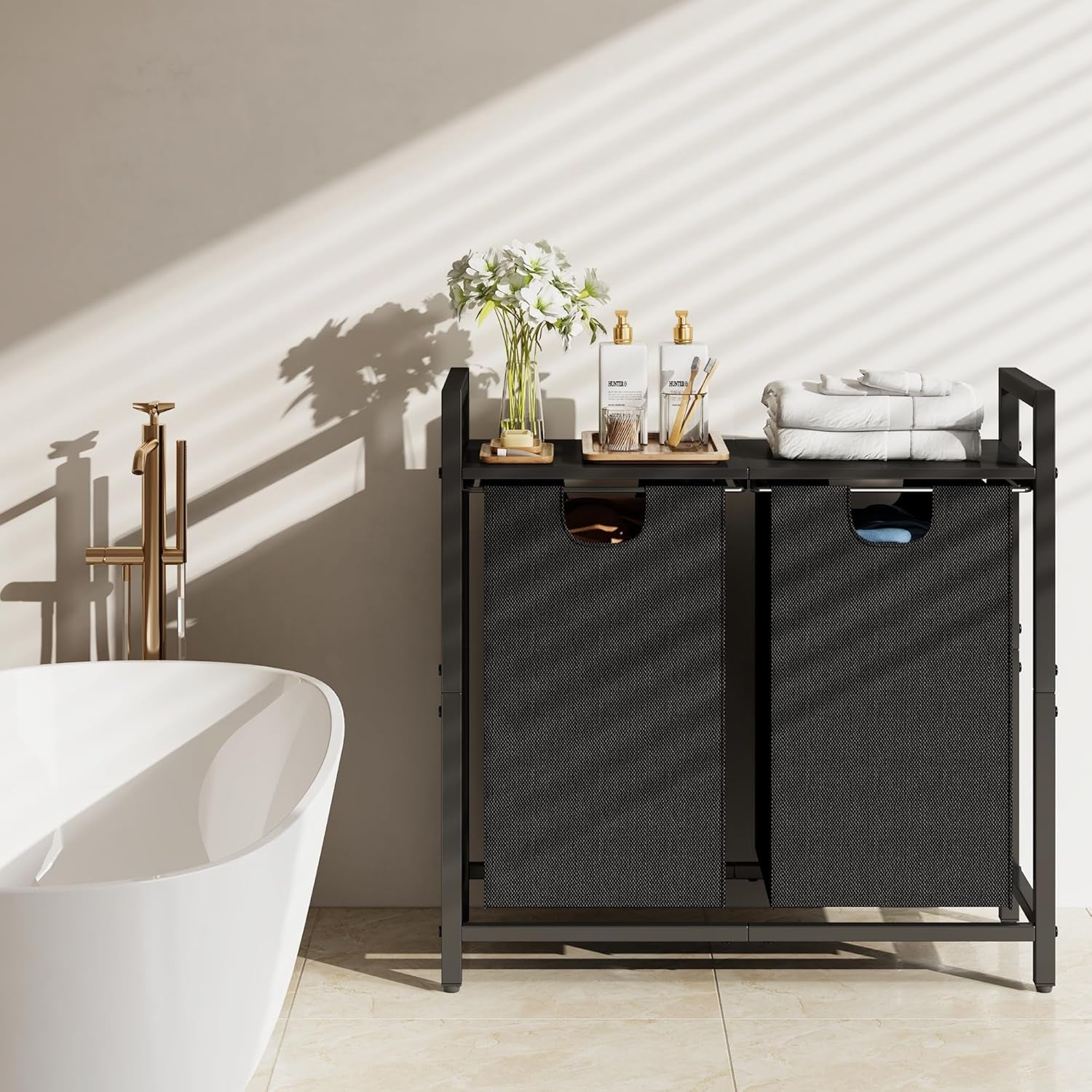 Laundry Hamper with Shelf & 2 Removable Bags – 89L Dual Compartment Clothes Basket Organizer for Laundry Room, Bathroom, Dorm – Water-Resistant, Pull-Out Design, Sturdy Metal Frame