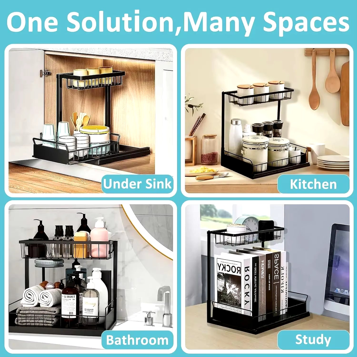 2-Tier Slide-Out Under Sink Organizer Rack – Space-Saving L-Shape Shelf for Kitchen & Bathroom Cabinets