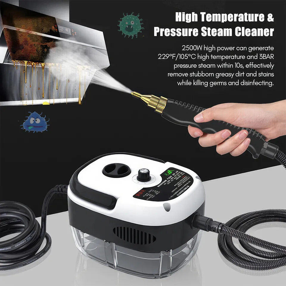 2500W Handheld Steam Cleaner – High Temp 229°F, 6-Speed, 3 Brush Heads, 1L Tank | Deep Cleaning for Kitchen, Car & Home | Portable & Chemical-Free