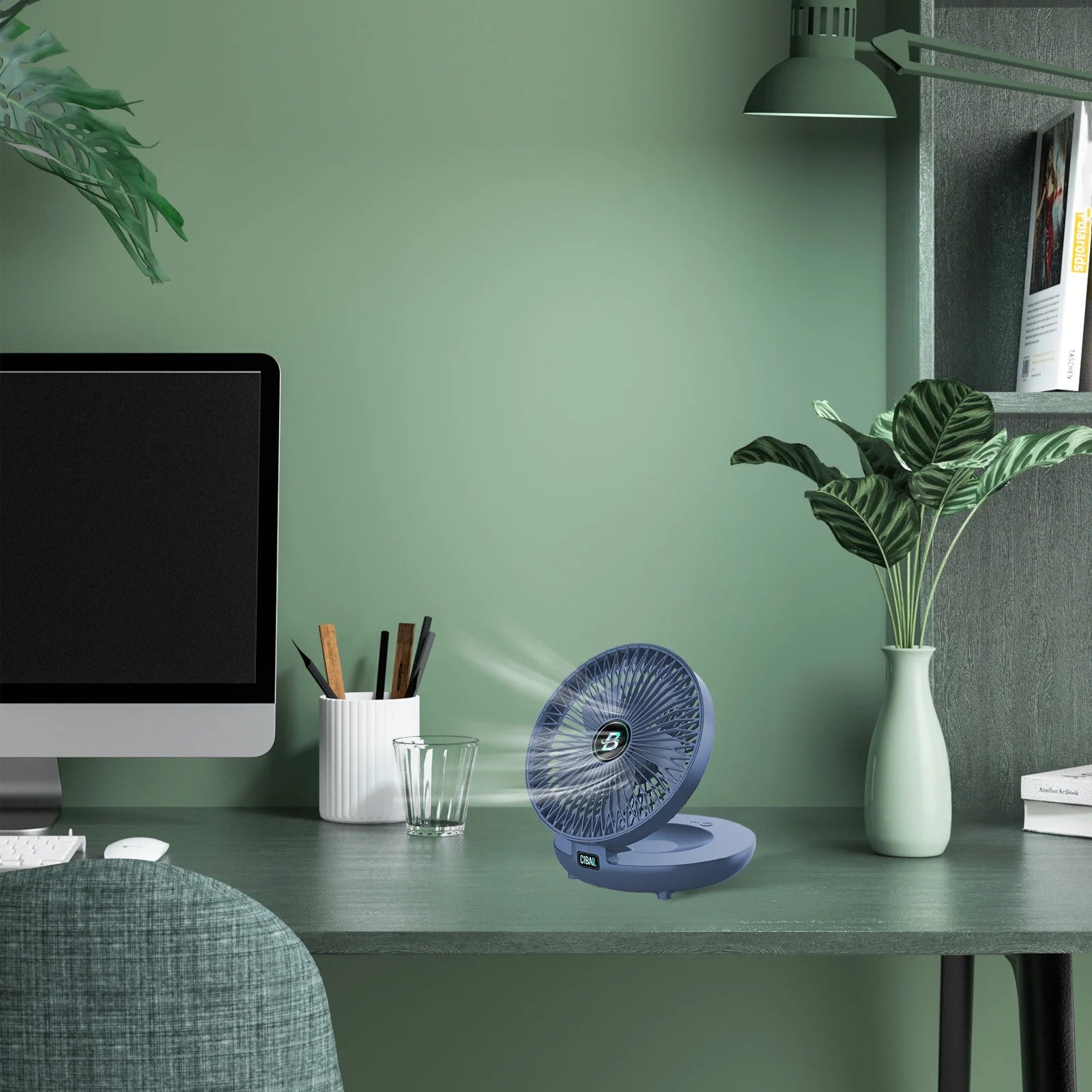 Portable Folding Desk Fan – USB Rechargeable Mini Fan with Hook | 3 Speeds, Quiet & Lightweight Cooling for Office, Home, Travel – Blue