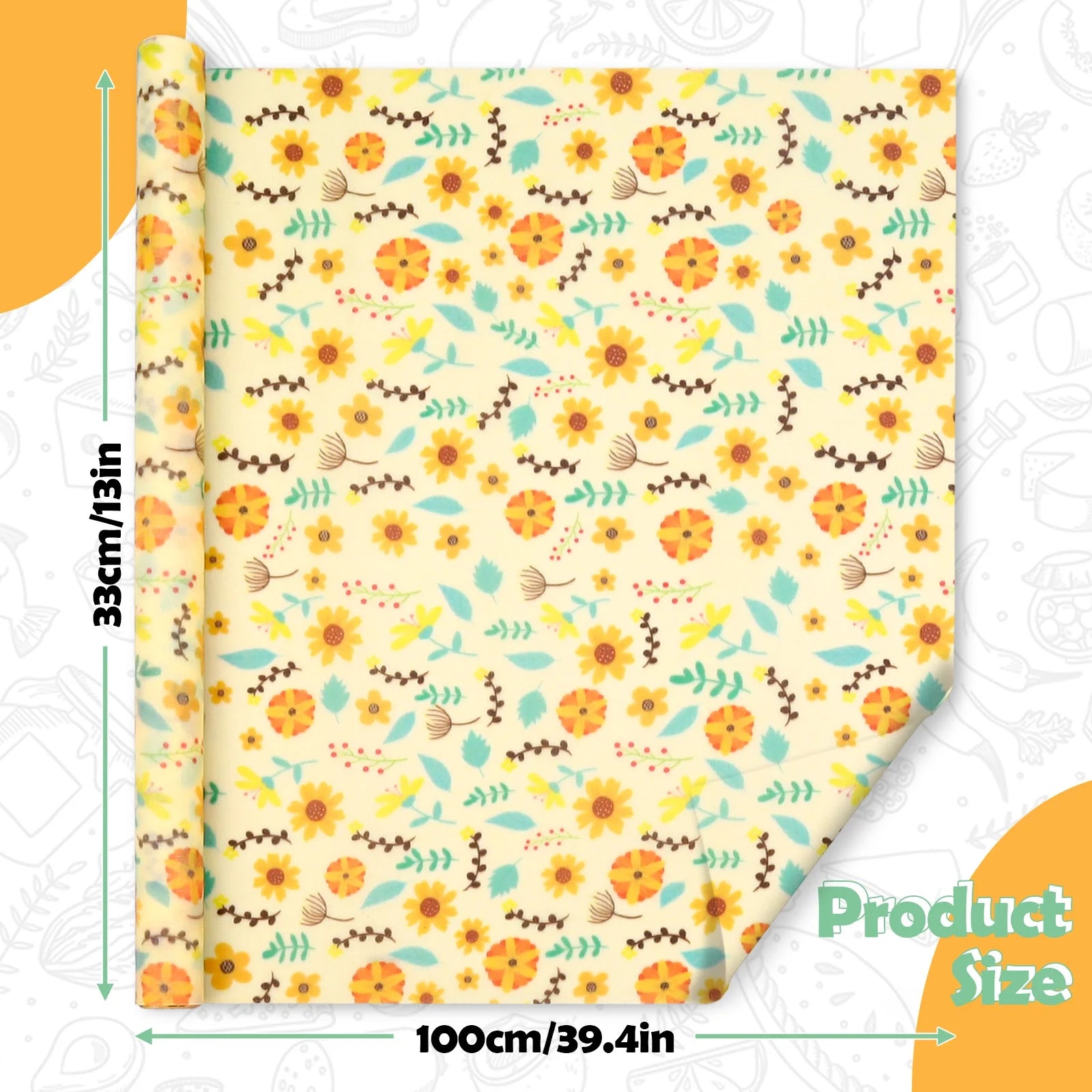Reusable Beeswax Food Wrap Roll – XL 39.4” x 13” Sunflower Print | Cut-to-Size Eco Wrap for Bread, Sandwiches, Bowls & More – Washable, Sustainable & Plastic-Free