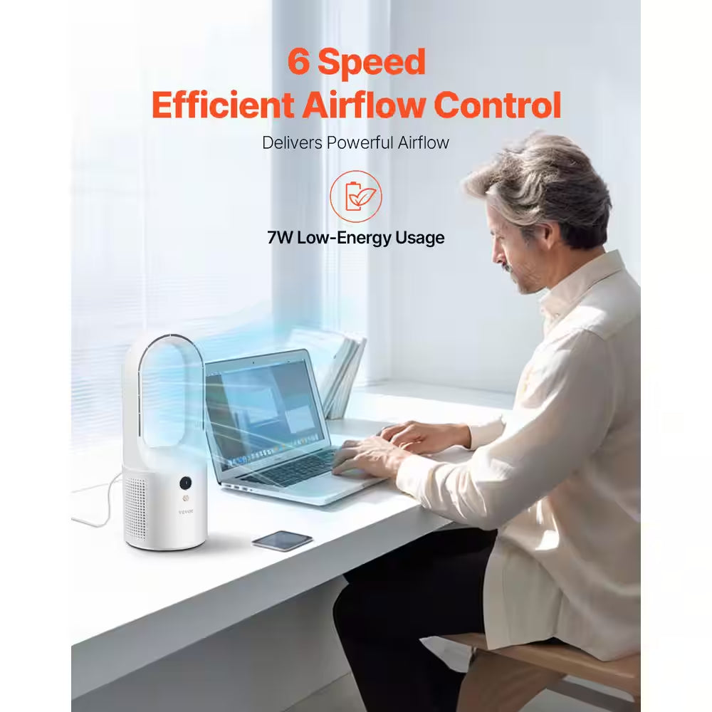 Bladeless Desk Fan – 13" Quiet Tower Fan with 6 Speeds, USB Portable Cooling Fan for Office, Bedroom & Small Spaces – Safe for Kids & Pets – White
