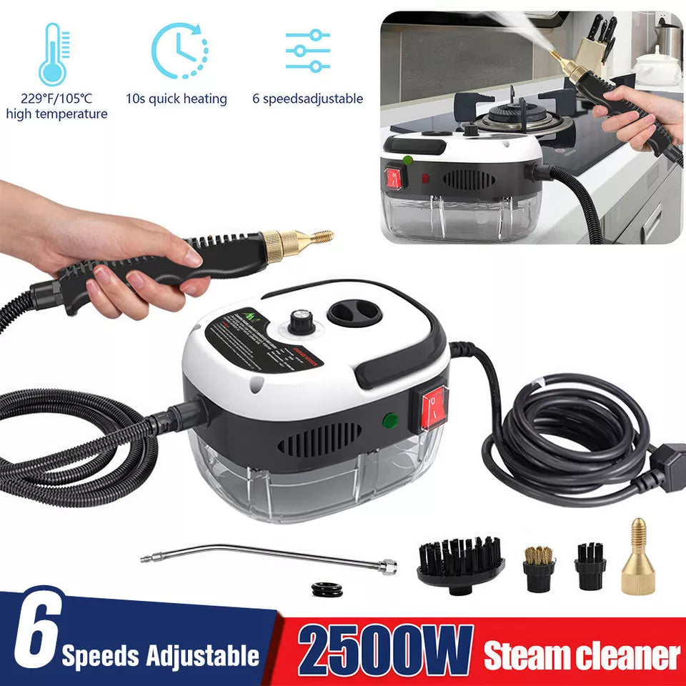 2500W Handheld Steam Cleaner – High Temp 229°F, 6-Speed, 3 Brush Heads, 1L Tank | Deep Cleaning for Kitchen, Car & Home | Portable & Chemical-Free