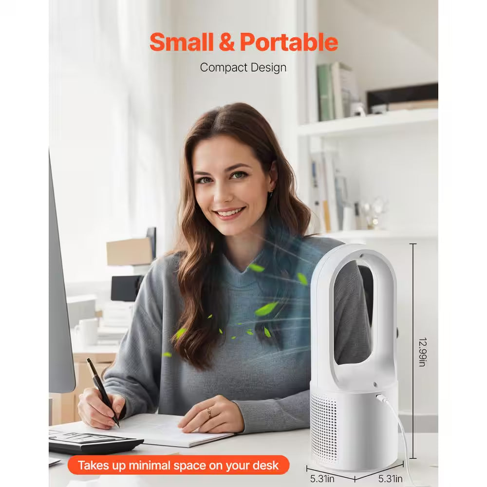 Bladeless Desk Fan – 13" Quiet Tower Fan with 6 Speeds, USB Portable Cooling Fan for Office, Bedroom & Small Spaces – Safe for Kids & Pets – White