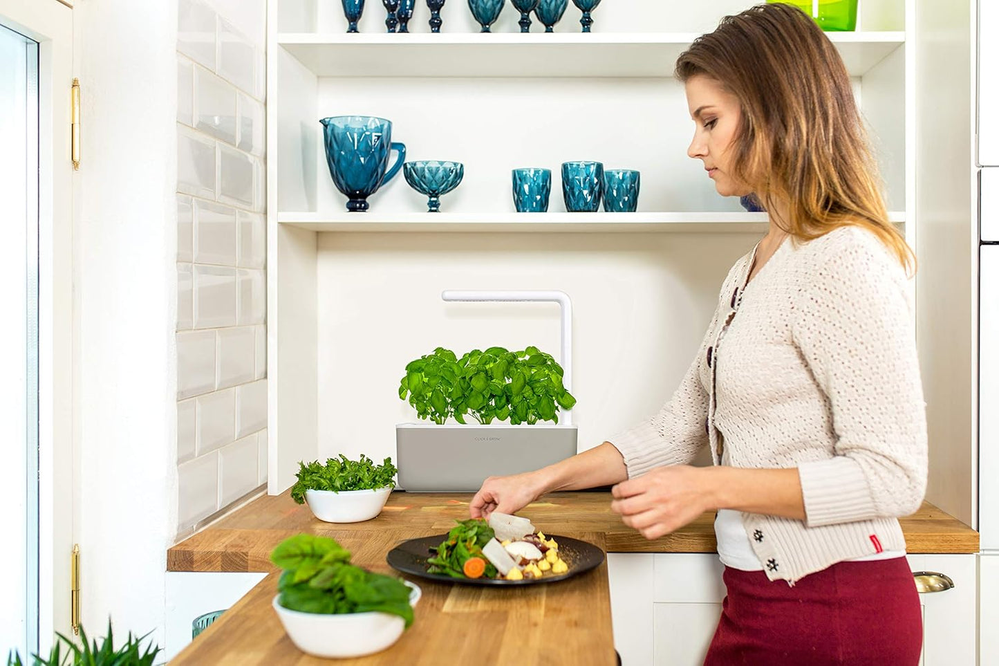 Click & Grow Smart Garden 3 – Indoor Herb Garden Kit with 3 Basil Pods – Automatic Watering, LED Grow Light, No-Noise, Perfect for Kitchen Counter or Office – Beige