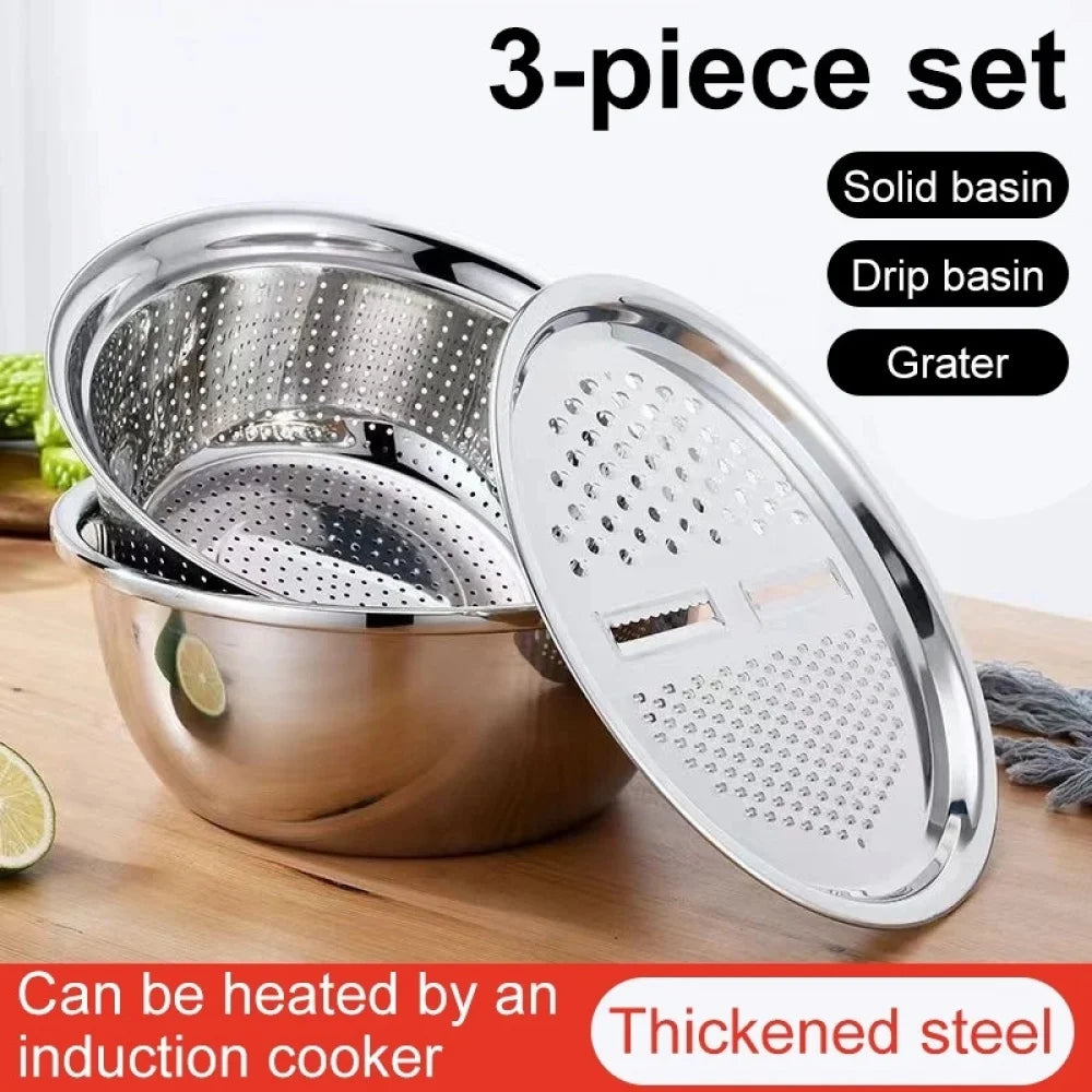 3 in 1 Stainless Steel Vegetable Strainer Slicer Cutter Graters Drain Basket Vegetable Salad Maker Bowl Kitchen Accessories Tool