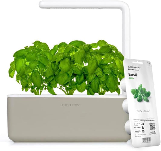 Click & Grow Smart Garden 3 – Indoor Herb Garden Kit with 3 Basil Pods – Automatic Watering, LED Grow Light, No-Noise, Perfect for Kitchen Counter or Office – Beige
