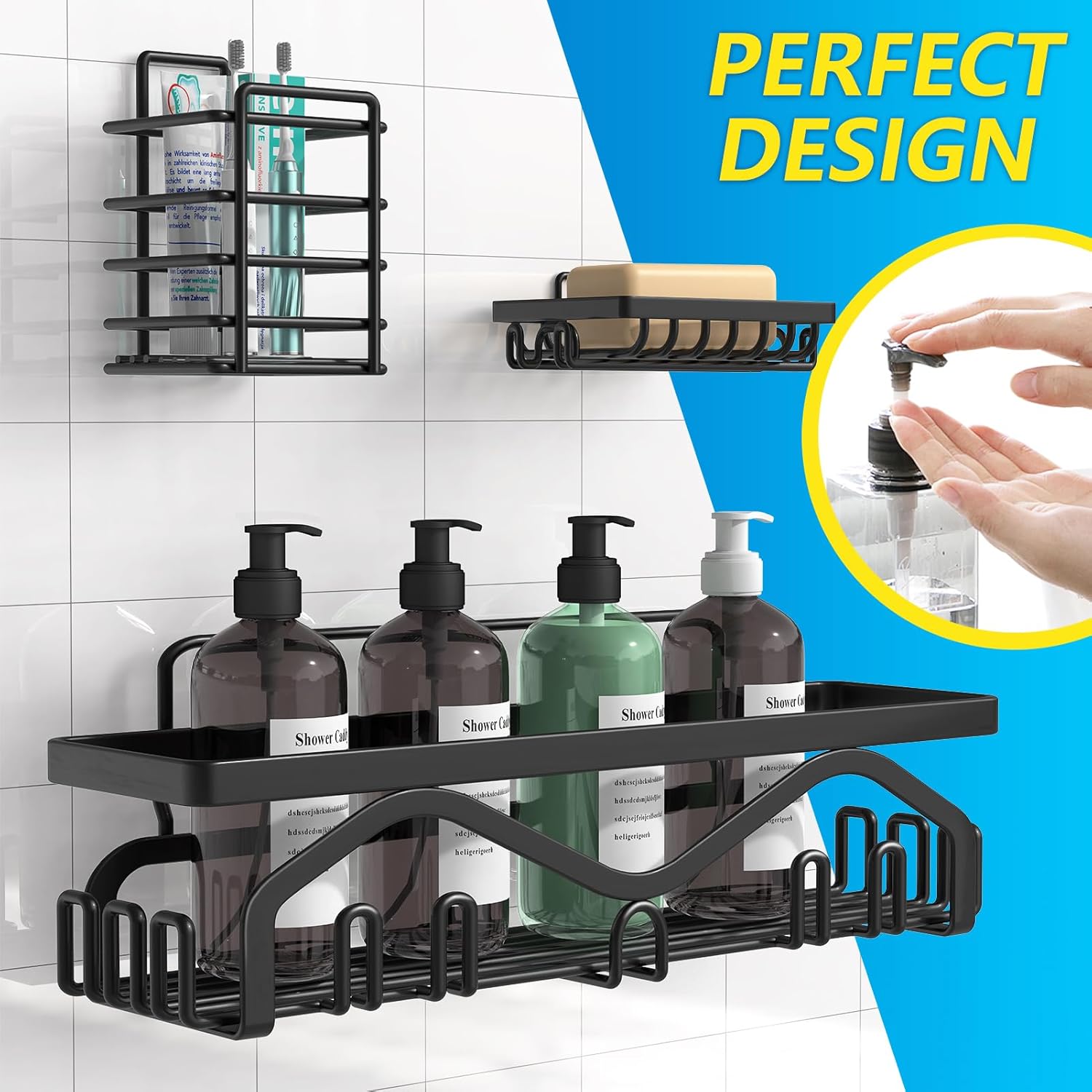 Shower Caddy, Shower Shelves [5-Pack], Adhesive Shower Organizer No Drilling, Large Capacity, Rustproof Bathroom Shower Organizer, Shower Shelf for inside Shower (Black)
