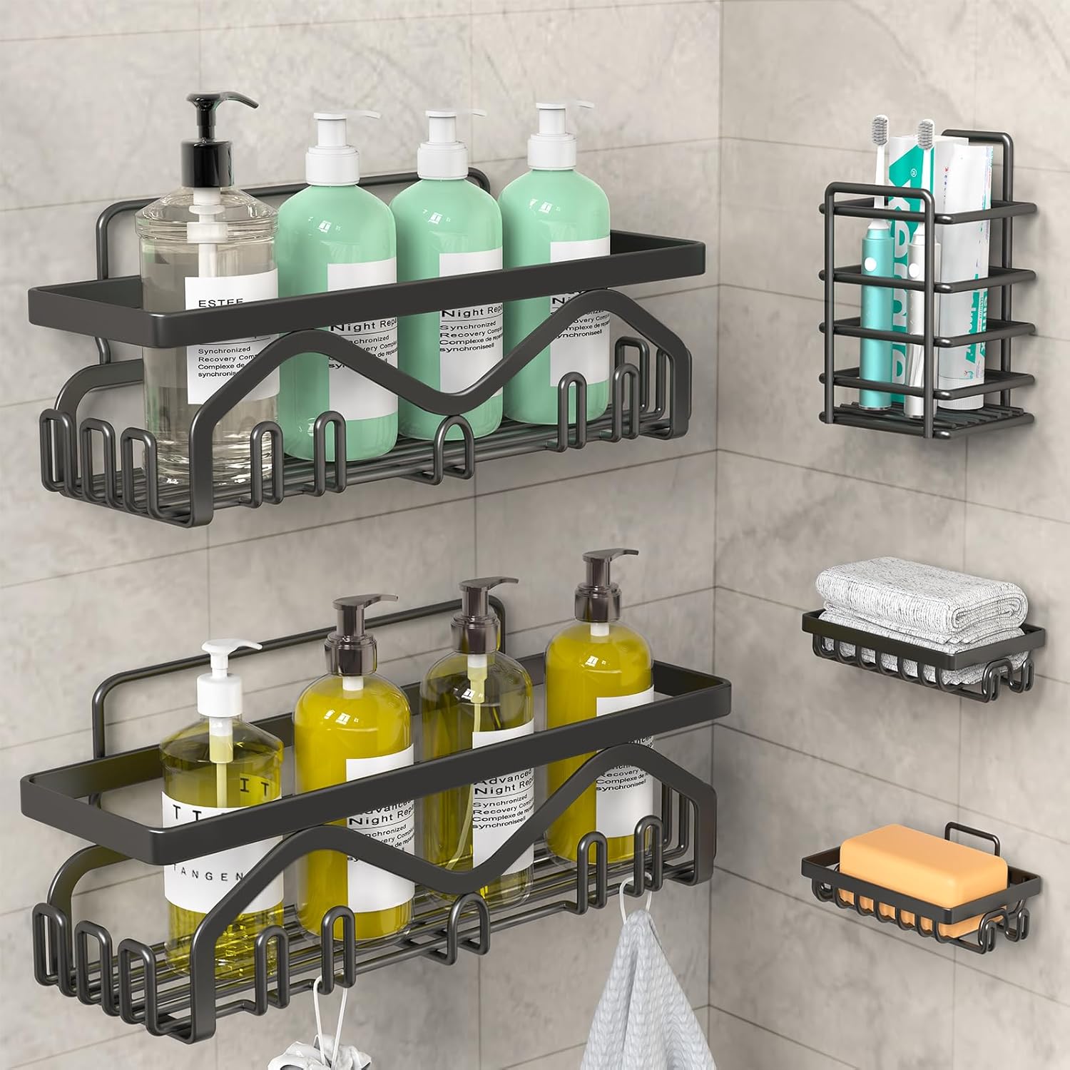 Shower Caddy, Shower Shelves [5-Pack], Adhesive Shower Organizer No Drilling, Large Capacity, Rustproof Bathroom Shower Organizer, Shower Shelf for inside Shower (Black)