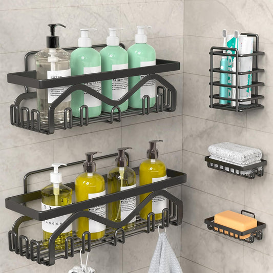 Shower Caddy, Shower Shelves [5-Pack], Adhesive Shower Organizer No Drilling, Large Capacity, Rustproof Bathroom Shower Organizer, Shower Shelf for inside Shower (Black)