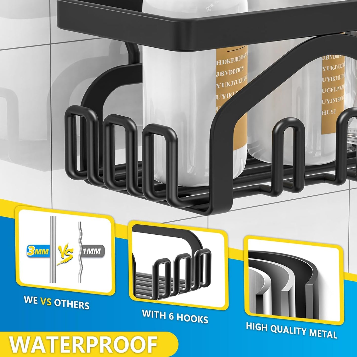 Shower Caddy, Shower Shelves [5-Pack], Adhesive Shower Organizer No Drilling, Large Capacity, Rustproof Bathroom Shower Organizer, Shower Shelf for inside Shower (Black)