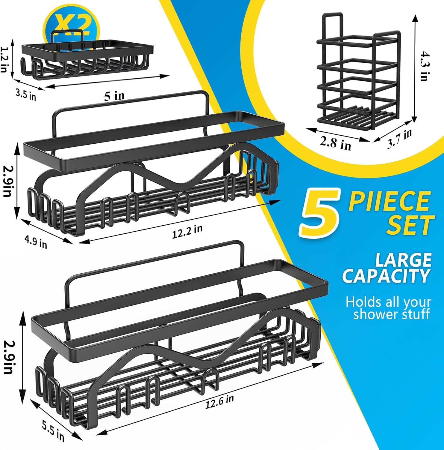 Shower Caddy, Shower Shelves [5-Pack], Adhesive Shower Organizer No Drilling, Large Capacity, Rustproof Bathroom Shower Organizer, Shower Shelf for inside Shower (Black)