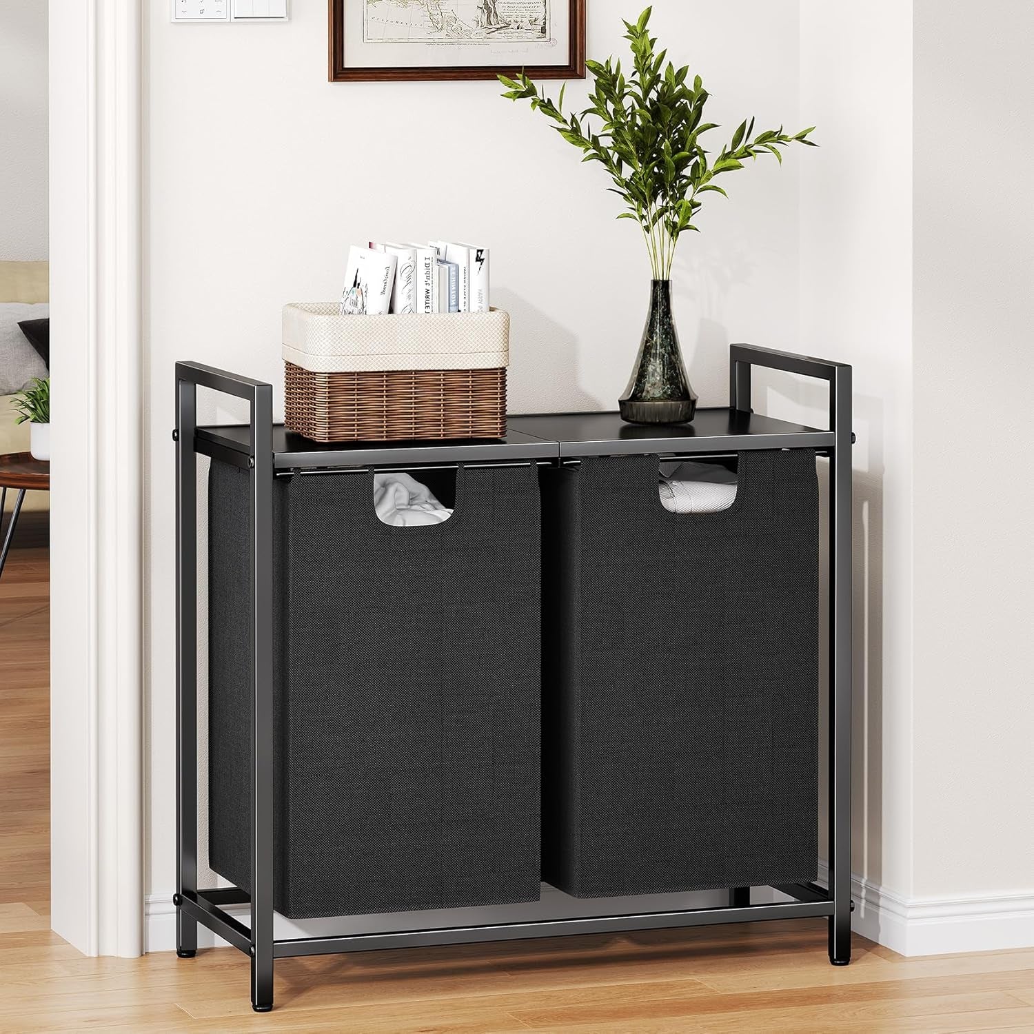 Laundry Hamper with Shelf & 2 Removable Bags – 89L Dual Compartment Clothes Basket Organizer for Laundry Room, Bathroom, Dorm – Water-Resistant, Pull-Out Design, Sturdy Metal Frame