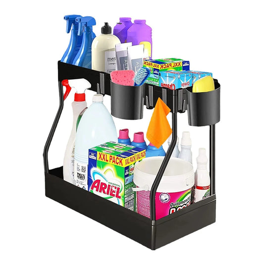 2-Tier Slide-Out Under Sink Organizer Rack – Space-Saving L-Shape Shelf for Kitchen & Bathroom Cabinets