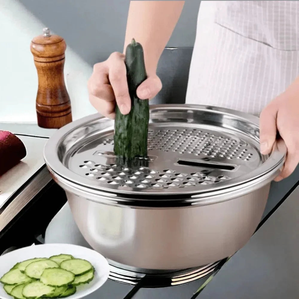 3 in 1 Stainless Steel Vegetable Strainer Slicer Cutter Graters Drain Basket Vegetable Salad Maker Bowl Kitchen Accessories Tool