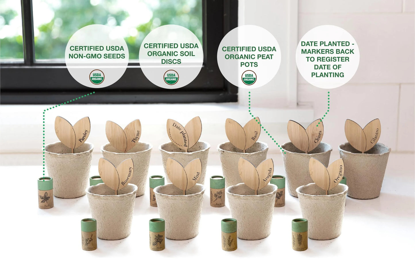 FLEUR DU BIEN Indoor Herb Garden Kit – 10 Organic Herb Seeds, Biodegradable Pots, Soil Discs & Markers – Sustainable Starter Set for Beginners – Unique Gardening Gift for Women & Men