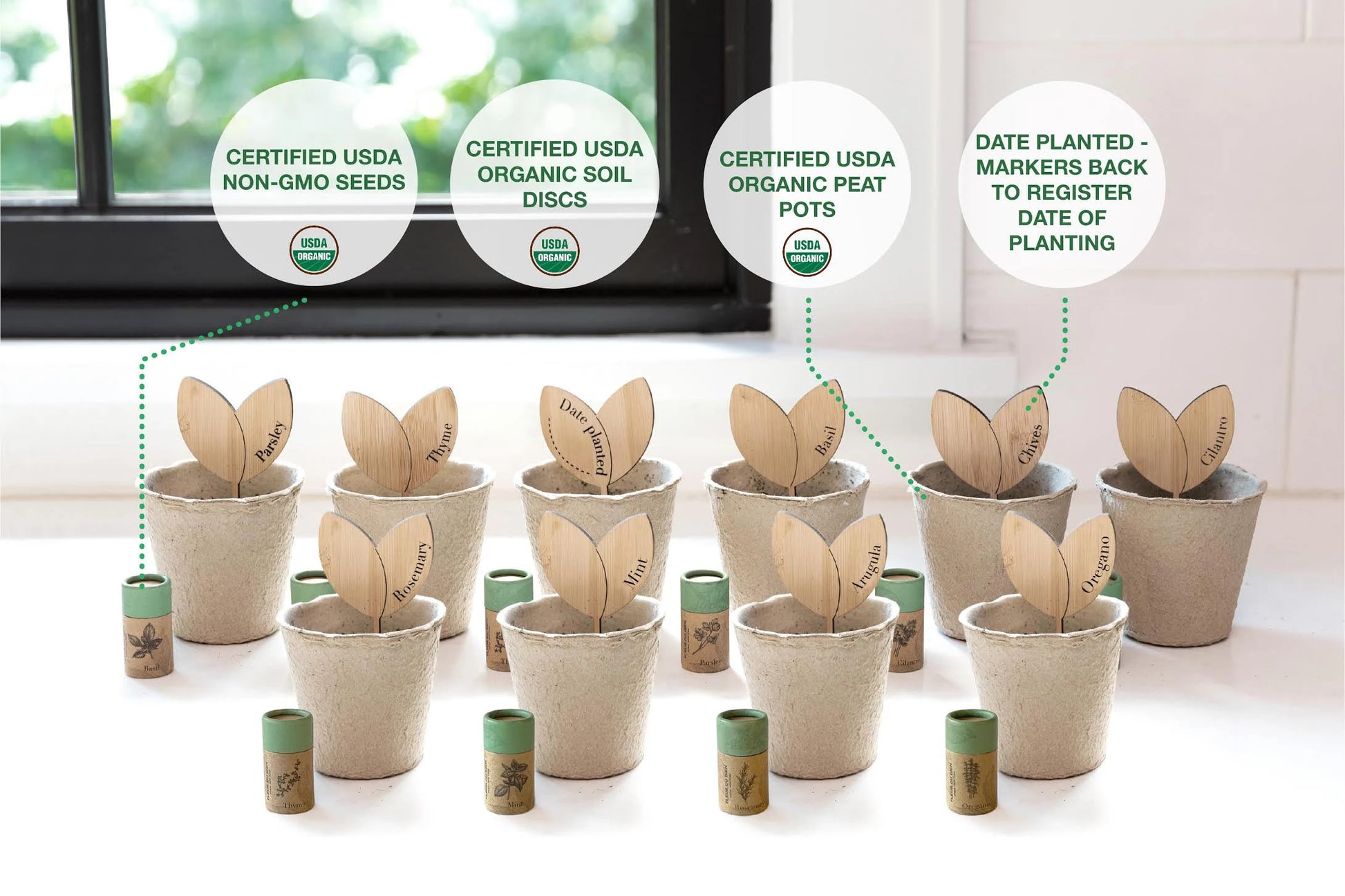 FLEUR DU BIEN Indoor Herb Garden Kit – 10 Organic Herb Seeds, Biodegradable Pots, Soil Discs & Markers – Sustainable Starter Set for Beginners – Unique Gardening Gift for Women & Men