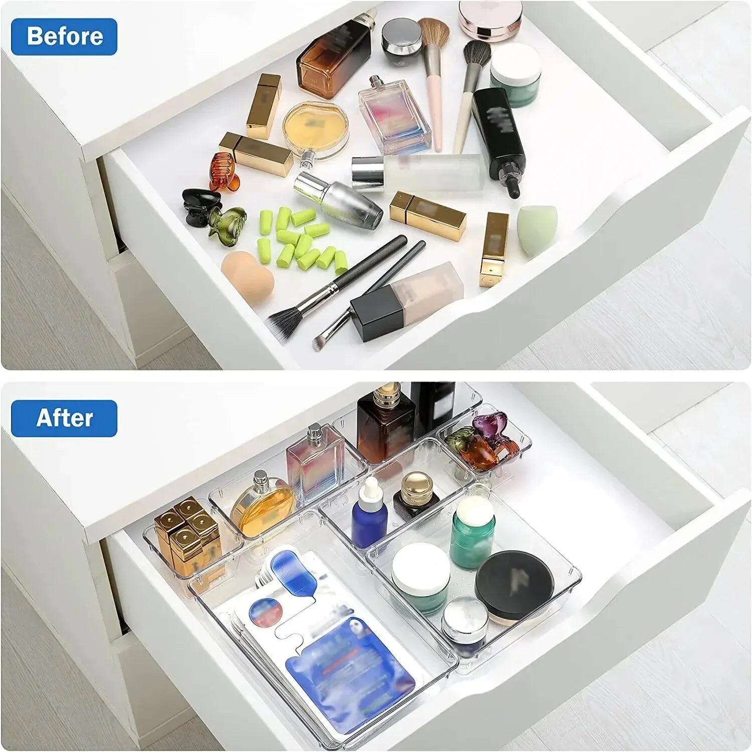 4-28 Pcs Drawer Organizers Set Clear Plastic Desk Dividers Bins Bedroom Dresser Office Storage Box for Makeup Jewelries Gadgets