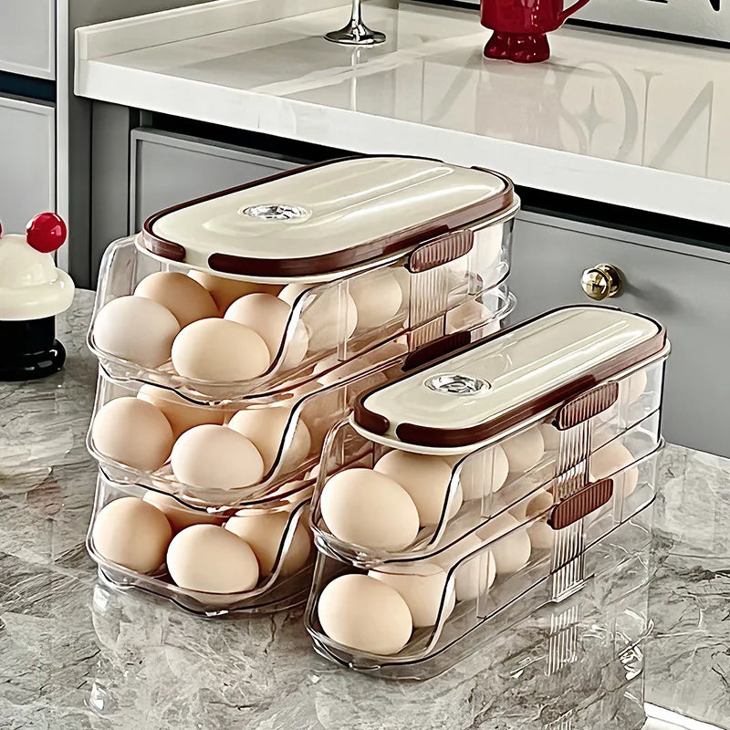 Large Clear Egg Holder Refrigerator Egg Storage Box Automatic Rolling Egg Organizer Large Capacity Household Kitchen Egg Rack