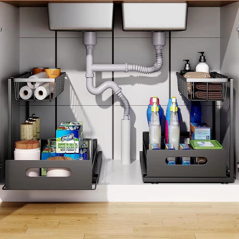 2-Tier Slide-Out Under Sink Organizer Rack – Space-Saving L-Shape Shelf for Kitchen & Bathroom Cabinets