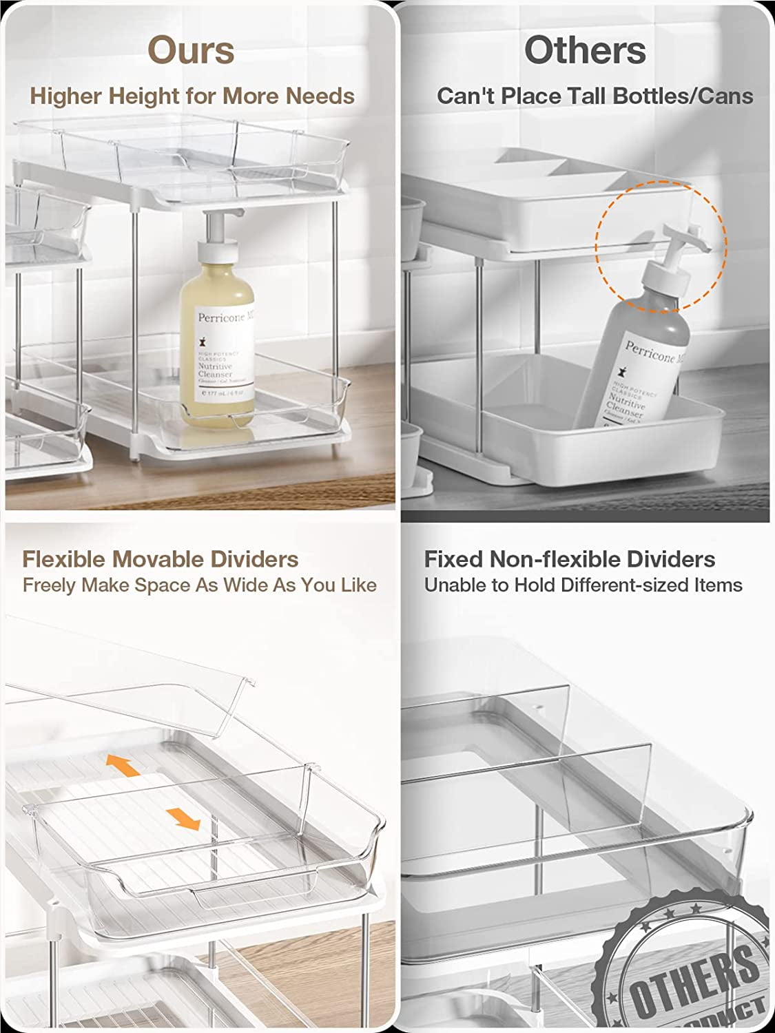 2 Pack Set under Sink Organizers and Storage, 2 Tier Sliding Bathroom Sink Organizer, Multi-Use under Kitchen Cabinet Storage Shelf (S&L), Transparent