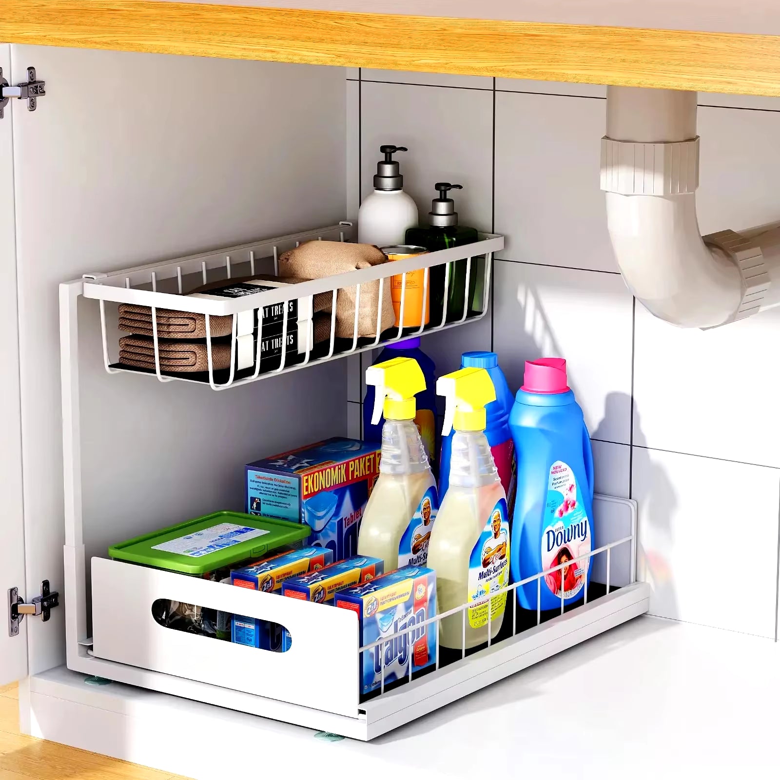 2-Tier Slide-Out Under Sink Organizer Rack – Space-Saving L-Shape Shelf for Kitchen & Bathroom Cabinets