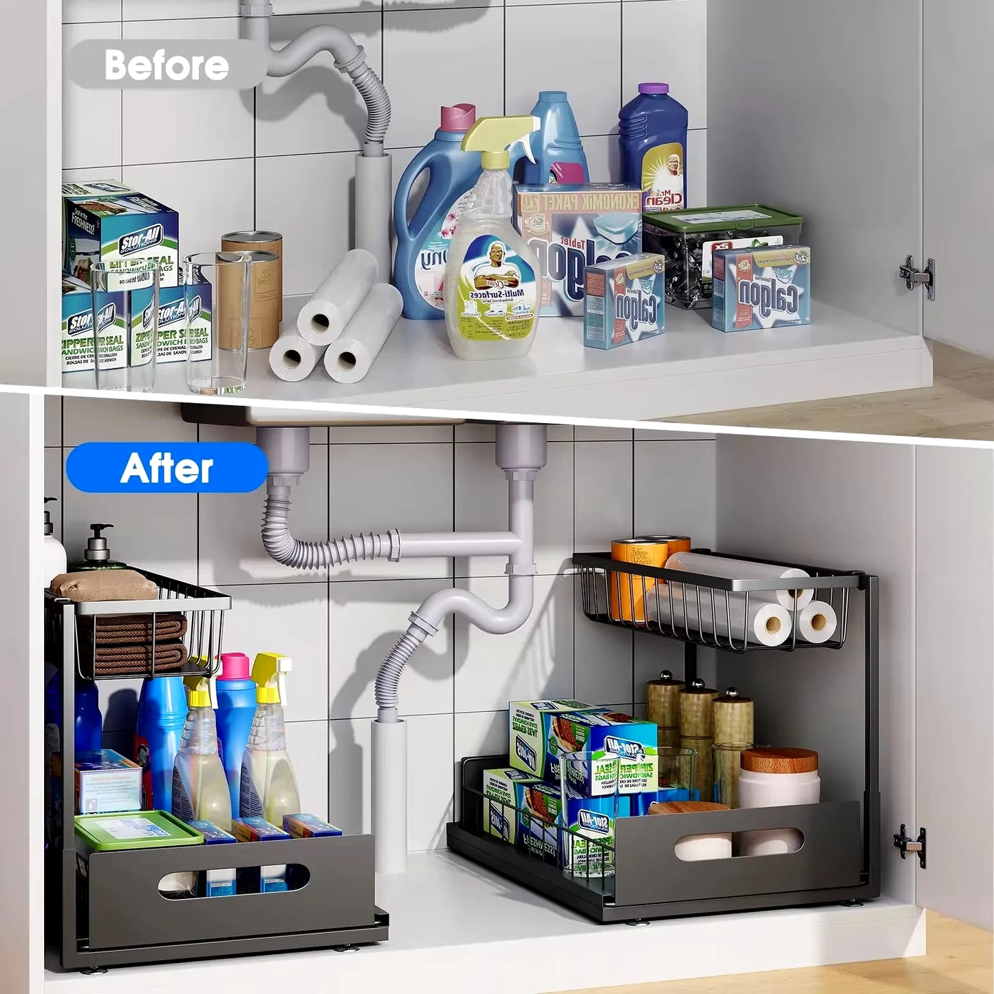2-Tier Slide-Out Under Sink Organizer Rack – Space-Saving L-Shape Shelf for Kitchen & Bathroom Cabinets