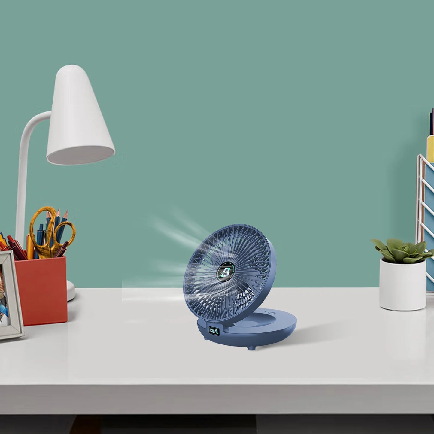 Portable Folding Desk Fan – USB Rechargeable Mini Fan with Hook | 3 Speeds, Quiet & Lightweight Cooling for Office, Home, Travel – Blue