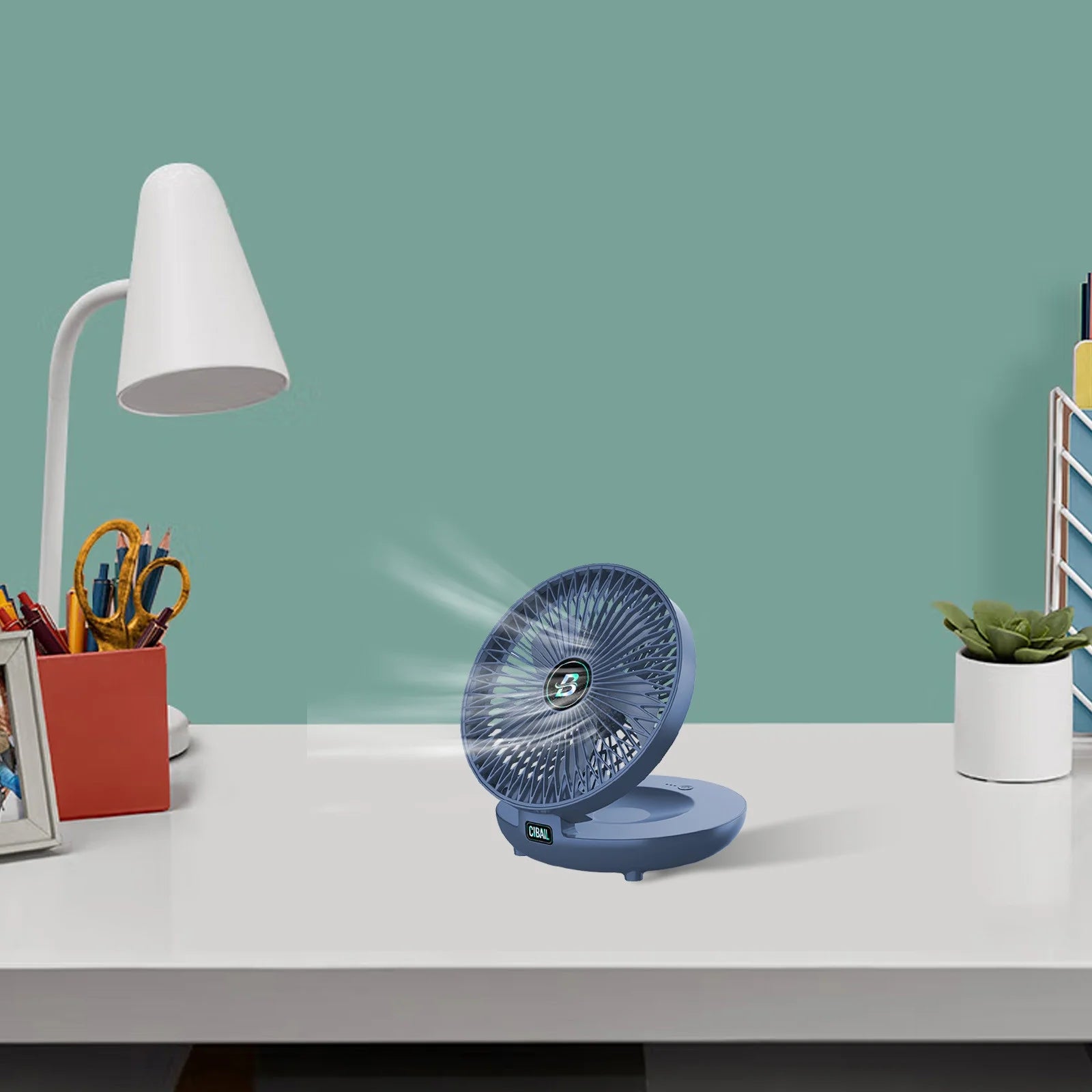 Portable Folding Desk Fan – USB Rechargeable Mini Fan with Hook | 3 Speeds, Quiet & Lightweight Cooling for Office, Home, Travel – Blue
