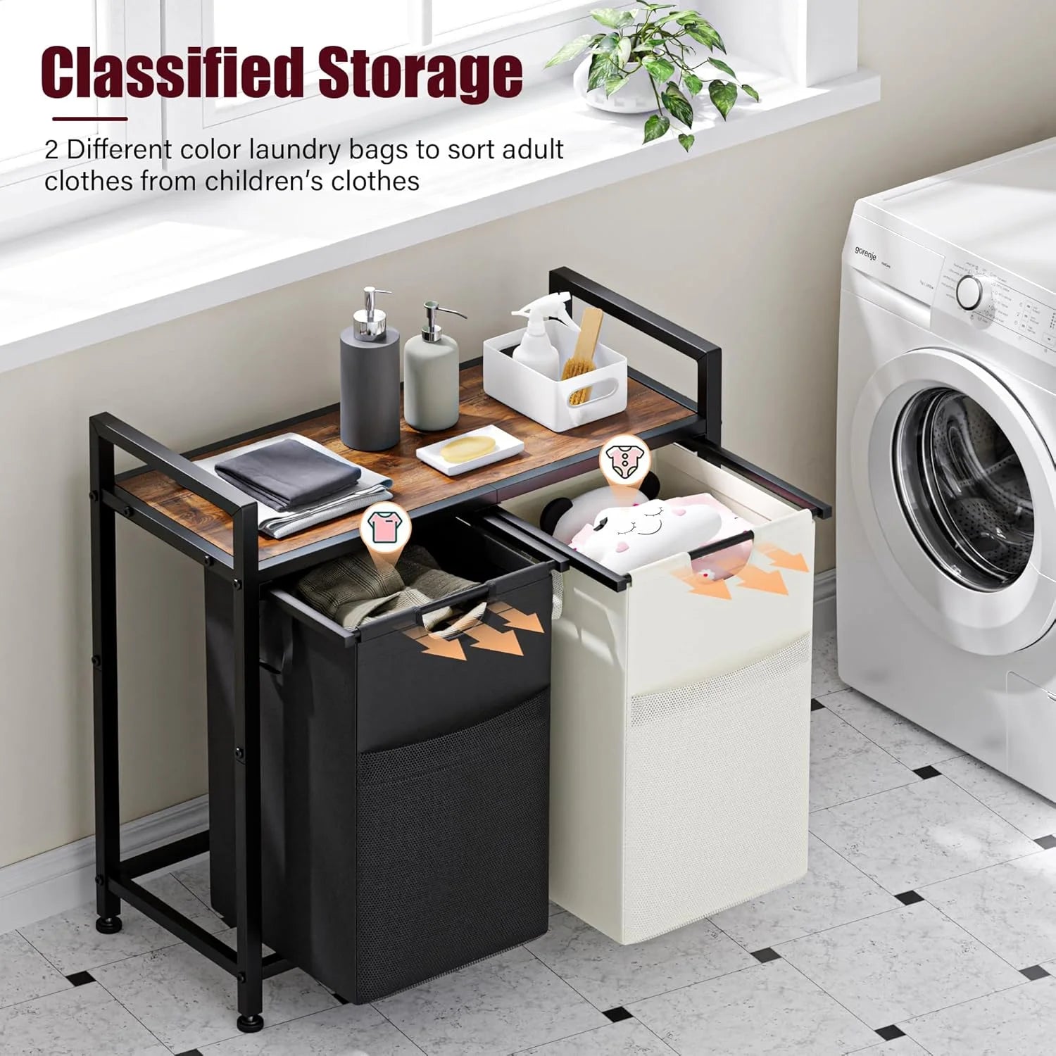 112L Large Double Laundry Hamper Basket with Shelf, 2 Removable Bags, Side Pockets & Laundry Sorter Organizer for Bedroom, Dorm & Bathroom