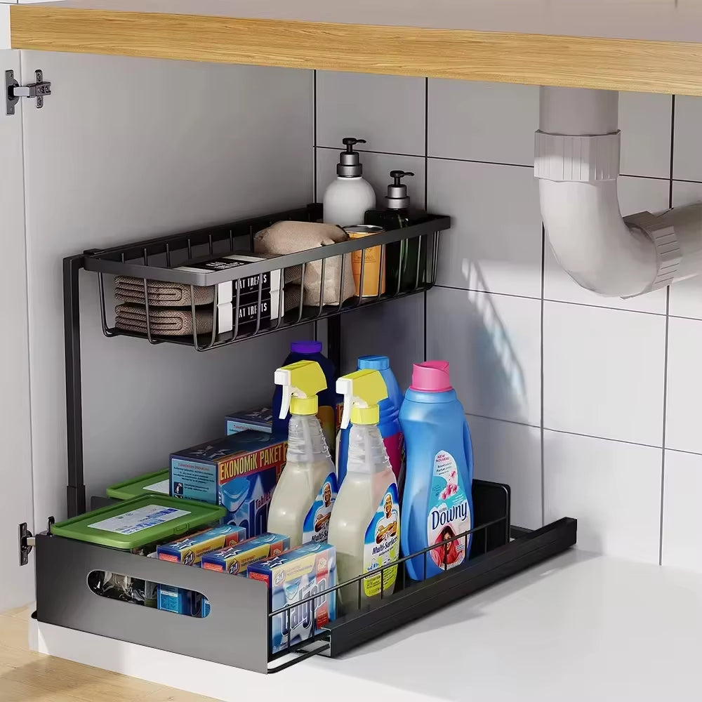 2-Tier Slide-Out Under Sink Organizer Rack – Space-Saving L-Shape Shelf for Kitchen & Bathroom Cabinets